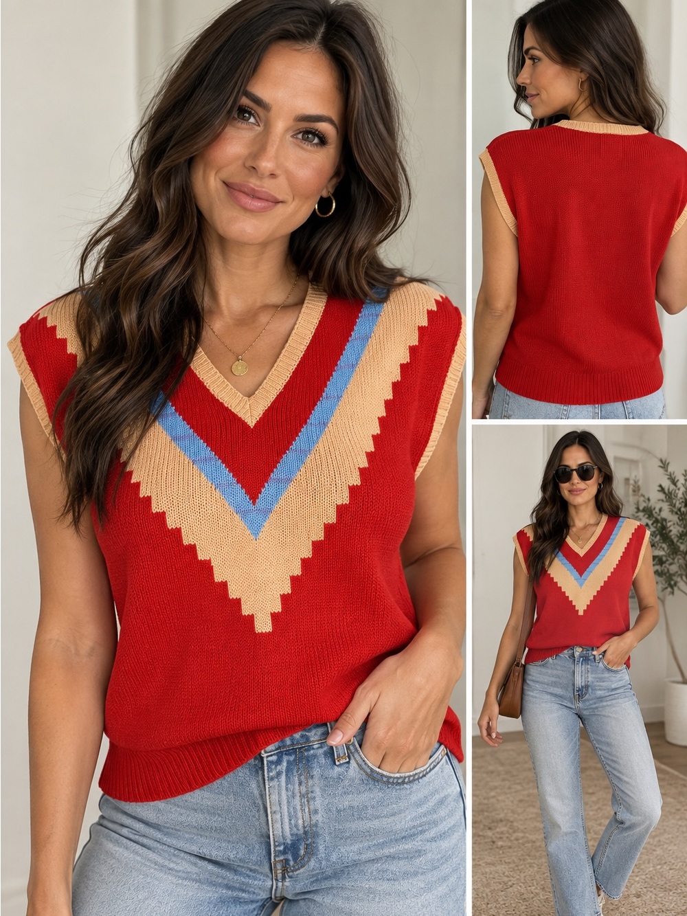 Vintage Designations Sports Sweater Vest L Red Blue Chevron Made in Korea